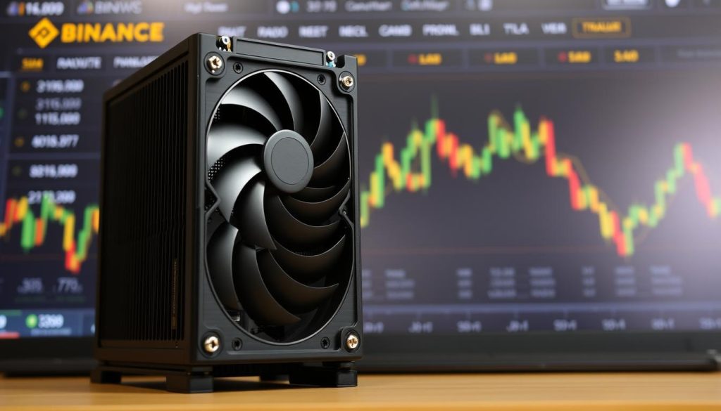 Представьте изображение ASIC-майнера Bitmain Antminer S19 на фоне платформы Binance Представьте изображение ASIC-майнера Bitmain Antminer S19 на фоне платформы Binance