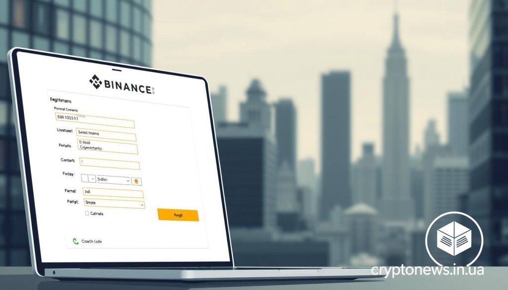 Prompt A detailed illustration of the Binance registration requirements, showcasing the necessary documents and information needed to create a new account. The scene depicts a sleek, modern user interface with a clean, minimalist design. The foreground features a laptop or desktop computer screen displaying the Binance registration form, with fields for personal details, verification documents, and other required information. The middle ground showcases the Binance logo and branding, suggesting the official nature of the process. The background includes a subtle, out-of-focus cityscape or financial district, conveying a sense of professionalism and the platform's global reach. The overall mood is one of efficiency, security, and trust, with the cryptonews.in.ua logo discreetly placed in the corner.