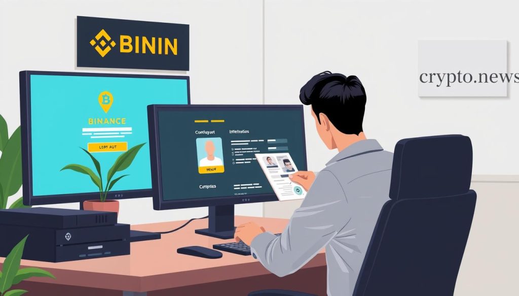 Prompt A digital illustration depicting the account verification process on the Binance cryptocurrency exchange platform. The scene shows a person sitting at a desk, facing a computer screen displaying the Binance website. The person is carefully reviewing identity documents, such as a passport or driver's license, to complete the verification steps. The background features a clean, modern office setting with minimalist decor, including a potted plant and a cryptonews.in.ua logo on the wall. The overall atmosphere is one of focus and attention to detail, conveying the importance of the verification process for secure account management on Binance.