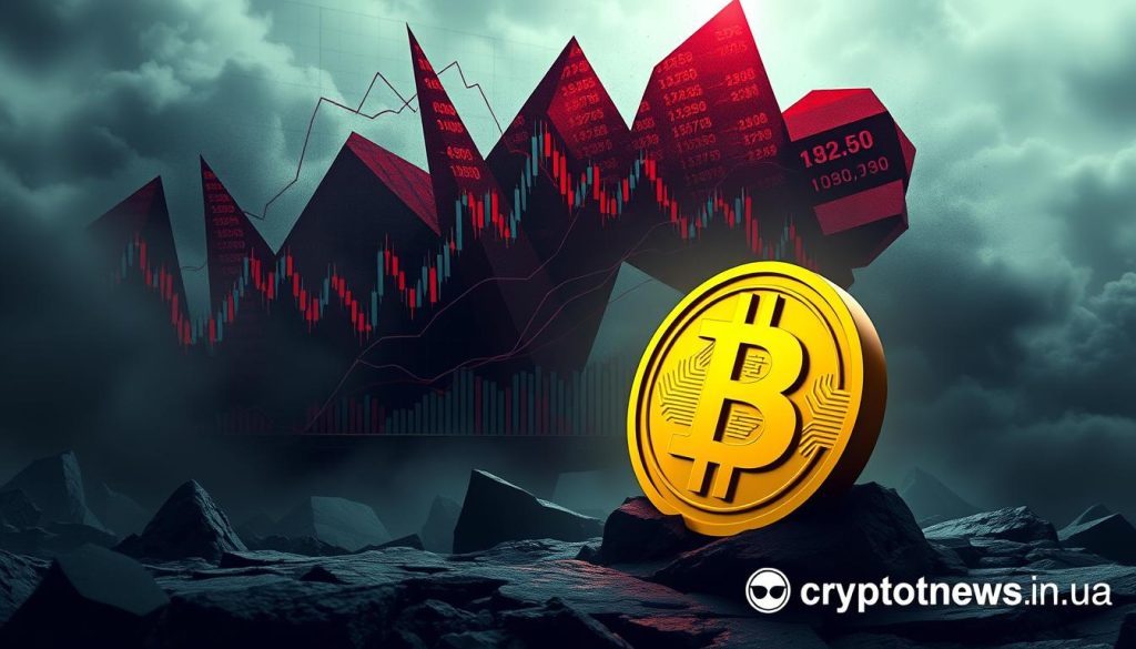 Prompt A striking digital illustration depicting the risks and cautions associated with trading cryptocurrencies. The foreground features a 3D render of a golden bitcoin symbol, casting an ominous shadow over a turbulent financial landscape. The middle ground showcases a dynamic, abstract representation of cryptocurrency charts and trading data, with sharp, angular shapes and a color palette of reds, blues, and greys, conveying a sense of volatility and uncertainty. The background is shrouded in a hazy, dystopian atmosphere, with ominous clouds and a foreboding cityscape in the distance. The overall mood is one of caution and foreboding, emphasizing the potential risks and challenges of the cryptocurrency market. Includes the cryptonews.in.ua brand name in the lower right corner. Prompt A striking digital illustration depicting the risks and cautions associated with trading cryptocurrencies. The foreground features a 3D render of a golden bitcoin symbol, casting an ominous shadow over a turbulent financial landscape. The middle ground showcases a dynamic, abstract representation of cryptocurrency charts and trading data, with sharp, angular shapes and a color palette of reds, blues, and greys, conveying a sense of volatility and uncertainty. The background is shrouded in a hazy, dystopian atmosphere, with ominous clouds and a foreboding cityscape in the distance. The overall mood is one of caution and foreboding, emphasizing the potential risks and challenges of the cryptocurrency market. Includes the cryptonews.in.ua brand name in the lower right corner.