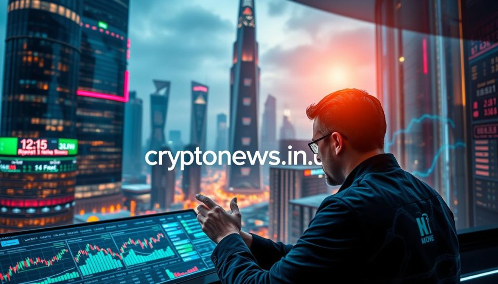 Sophisticated cryptocurrency trading scene featuring advanced digital financial technology. A sleek futuristic cityscape with towering skyscrapers, neon-lit displays, and holographic interfaces. In the foreground, a professional trader intently monitors a dynamic cryptocurrency trading dashboard, with colorful charts, graphs, and real-time data feeds. The mood is one of intense focus and innovation, capturing the cutting-edge world of cryptocurrency investments. The image should prominently display the brand name "cryptonews.in.ua" in a subtle, well-integrated manner. Sophisticated cryptocurrency trading scene featuring advanced digital financial technology. A sleek futuristic cityscape with towering skyscrapers, neon-lit displays, and holographic interfaces. In the foreground, a professional trader intently monitors a dynamic cryptocurrency trading dashboard, with colorful charts, graphs, and real-time data feeds. The mood is one of intense focus and innovation, capturing the cutting-edge world of cryptocurrency investments. The image should prominently display the brand name "cryptonews.in.ua" in a subtle, well-integrated manner.