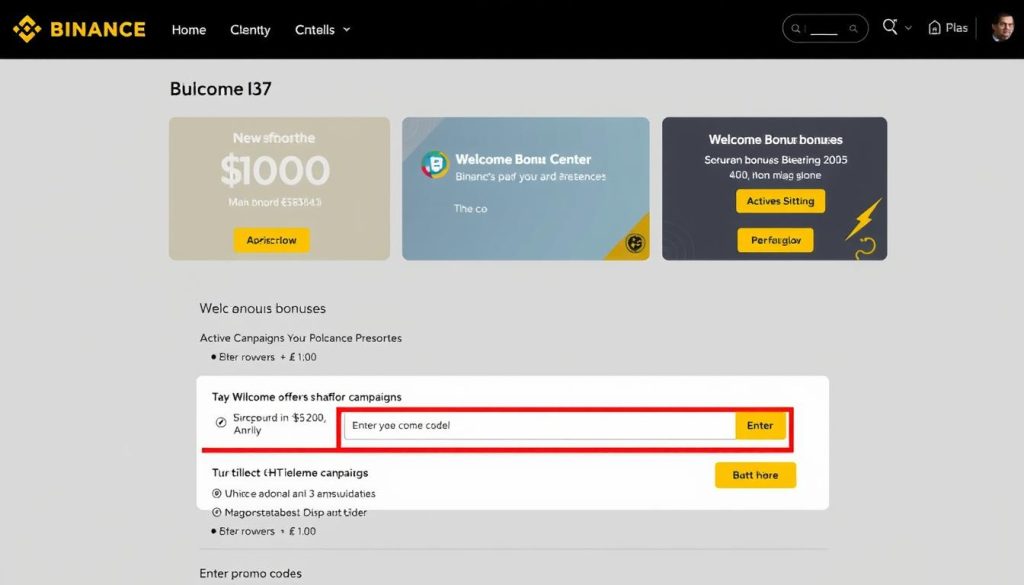 Страница бонусного центра Binance с активными акциями и промокодами