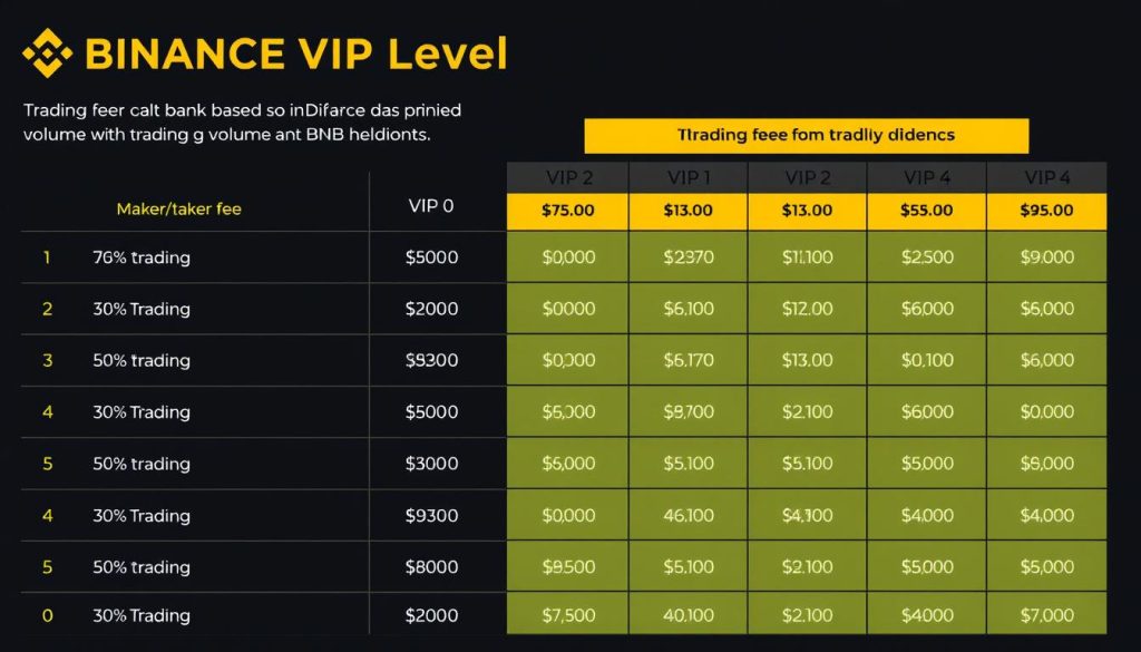 Таблица VIP-уровней Binance с комиссиями для разных объемов торгов
