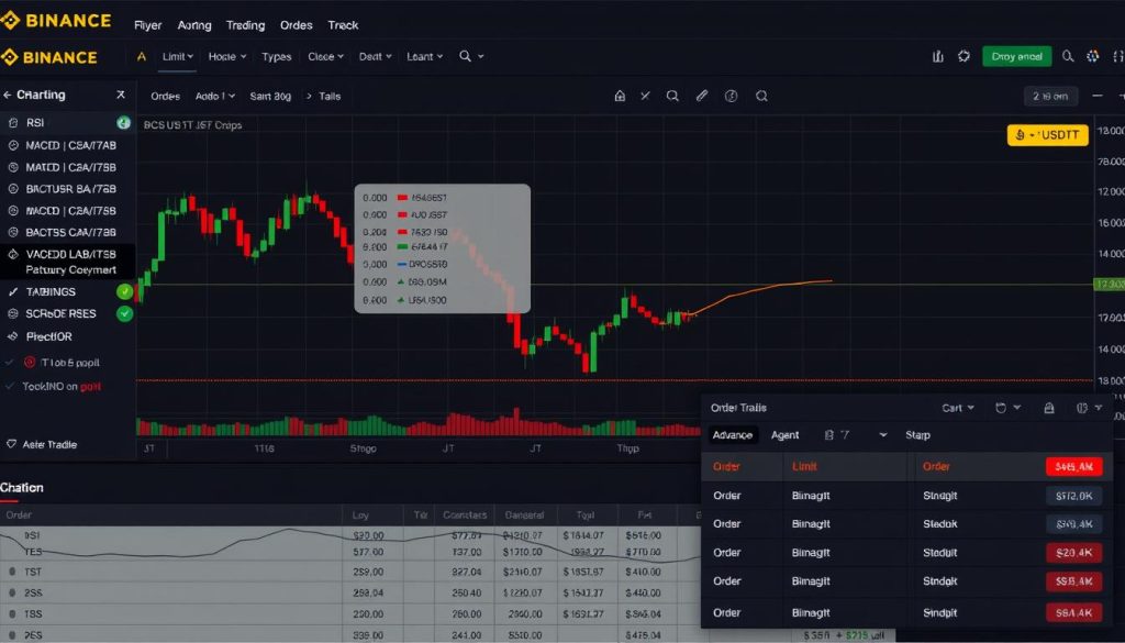 Торговый терминал Binance с различными типами ордеров и индикаторами