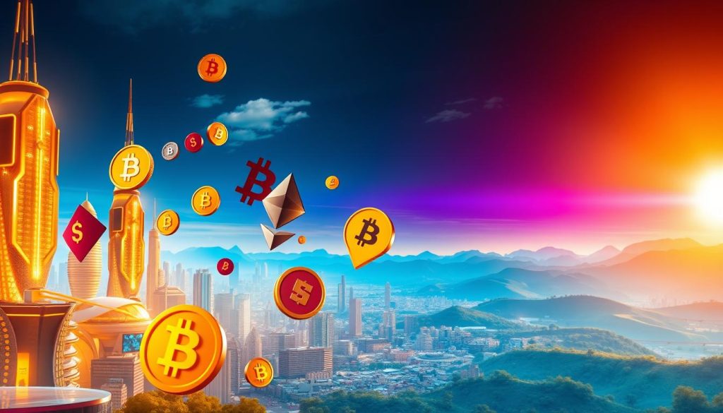 Vibrant and dynamic digital landscape depicting the advantages of investing in cryptocurrencies. A futuristic cityscape with towering skyscrapers and gleaming futuristic architecture, bathed in a warm, golden glow. In the foreground, a collection of digital currency symbols and icons, such as Bitcoin, Ethereum, and Binance Coin, floating and interacting in a visually striking manner. The middle ground features a bustling financial district, with people engaged in trading and investment activities. The background showcases a serene and calming natural environment, with rolling hills and a vibrant blue sky, creating a sense of balance and harmony. The overall composition conveys a sense of progress, innovation, and the potential rewards of investing in the rapidly evolving world of cryptocurrencies. "cryptonews.in.ua" Vibrant and dynamic digital landscape depicting the advantages of investing in cryptocurrencies. A futuristic cityscape with towering skyscrapers and gleaming futuristic architecture, bathed in a warm, golden glow. In the foreground, a collection of digital currency symbols and icons, such as Bitcoin, Ethereum, and Binance Coin, floating and interacting in a visually striking manner. The middle ground features a bustling financial district, with people engaged in trading and investment activities. The background showcases a serene and calming natural environment, with rolling hills and a vibrant blue sky, creating a sense of balance and harmony. The overall composition conveys a sense of progress, innovation, and the potential rewards of investing in the rapidly evolving world of cryptocurrencies. "cryptonews.in.ua"