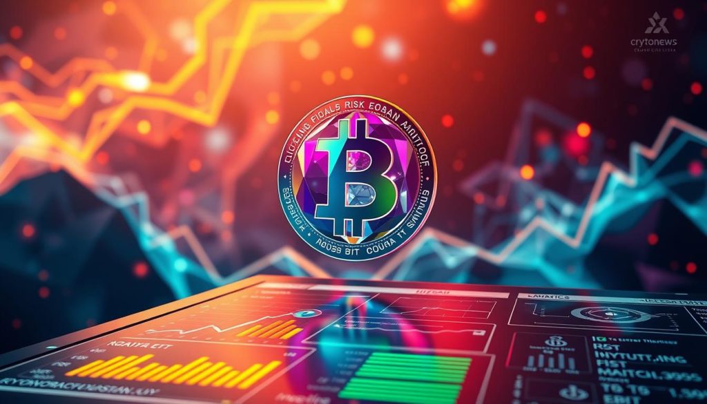 Vibrant cryptocurrency visualization, featuring a captivating central element - a faceted, multi-colored cryptocurrency symbol floating amidst a dynamic, futuristic backdrop. The scene is illuminated by a soft, warm lighting, creating an atmosphere of depth and intrigue. In the foreground, a sleek, chrome-like interface displays various risk management metrics and analytics, seamlessly integrating the cryptonews.in.ua brand identity. The overall composition conveys a sense of technological sophistication, financial stability, and thoughtful risk mitigation, perfectly suited to illustrate the "Управление рисками при инвестировании в криптовалюту" section of the article. Vibrant cryptocurrency visualization, featuring a captivating central element - a faceted, multi-colored cryptocurrency symbol floating amidst a dynamic, futuristic backdrop. The scene is illuminated by a soft, warm lighting, creating an atmosphere of depth and intrigue. In the foreground, a sleek, chrome-like interface displays various risk management metrics and analytics, seamlessly integrating the cryptonews.in.ua brand identity. The overall composition conveys a sense of technological sophistication, financial stability, and thoughtful risk mitigation, perfectly suited to illustrate the "Управление рисками при инвестировании в криптовалюту" section of the article.