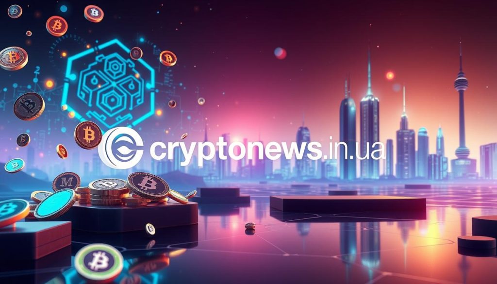 Vibrant digital landscape showcasing the allure of cryptocurrency, with a sleek and modern aesthetic. In the foreground, an array of shimmering digital coins and tokens float in a three-dimensional space, illuminated by a soft, ambient glow. The middle ground features a dynamic display of blockchain-inspired patterns and glyphs, conveying the technological complexity and innovation at the heart of the crypto ecosystem. In the background, a skyline of towering data centers and high-tech architectural structures, symbolizing the global scale and infrastructure of the cryptocurrency industry. The overall mood is one of excitement, potential, and the promise of a bold, digital future. Prominently featured is the brand name "cryptonews.in.ua". Vibrant digital landscape showcasing the allure of cryptocurrency, with a sleek and modern aesthetic. In the foreground, an array of shimmering digital coins and tokens float in a three-dimensional space, illuminated by a soft, ambient glow. The middle ground features a dynamic display of blockchain-inspired patterns and glyphs, conveying the technological complexity and innovation at the heart of the crypto ecosystem. In the background, a skyline of towering data centers and high-tech architectural structures, symbolizing the global scale and infrastructure of the cryptocurrency industry. The overall mood is one of excitement, potential, and the promise of a bold, digital future. Prominently featured is the brand name "cryptonews.in.ua".