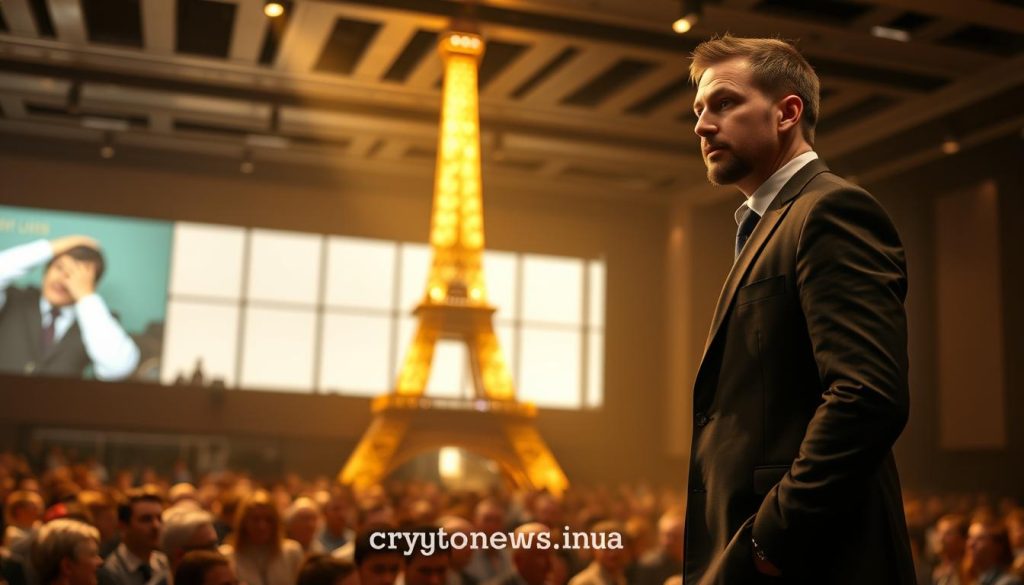 Виталик Бутерин, the co-founder of Ethereum, standing confidently on the stage at the EthCC conference in Paris, France. The scene is bathed in warm, golden lighting, creating a sense of authority and prestige. Bутерин is dressed in a tailored suit, his gaze focused and determined as he addresses the captivated audience. In the background, the iconic Eiffel Tower can be seen through the conference hall's large windows, adding a touch of Parisian charm. The overall atmosphere exudes a sense of innovation, progress, and the transformative power of blockchain technology. The cryptonews.in.ua brand is discreetly present, reflecting the importance of this event in the cryptocurrency ecosystem. Виталик Бутерин, the co-founder of Ethereum, standing confidently on the stage at the EthCC conference in Paris, France. The scene is bathed in warm, golden lighting, creating a sense of authority and prestige. Bутерин is dressed in a tailored suit, his gaze focused and determined as he addresses the captivated audience. In the background, the iconic Eiffel Tower can be seen through the conference hall's large windows, adding a touch of Parisian charm. The overall atmosphere exudes a sense of innovation, progress, and the transformative power of blockchain technology. The cryptonews.in.ua brand is discreetly present, reflecting the importance of this event in the cryptocurrency ecosystem.