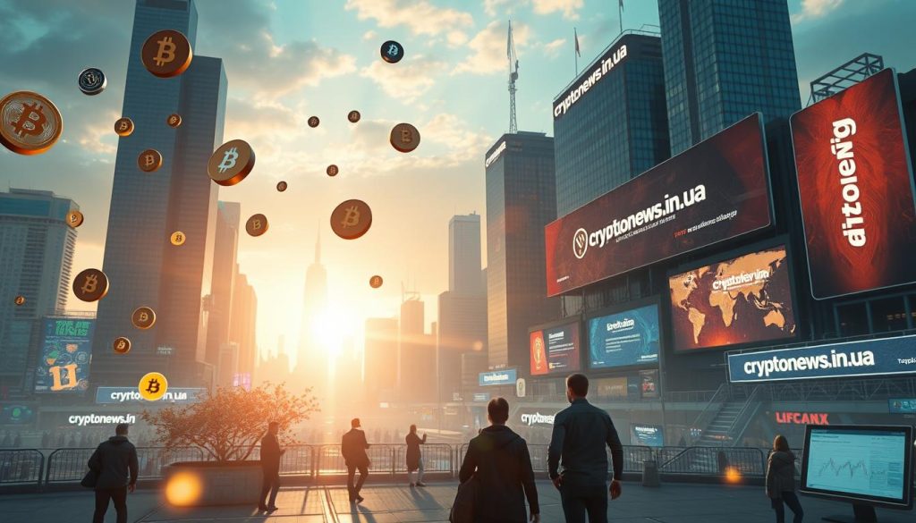 Vivid landscape depicting a bustling cryptocurrency exchange without verification requirements. In the foreground, various digital currency symbols and icons float above a sleek, minimalist trading platform interface. The middle ground showcases users effortlessly navigating the exchange, executing transactions with speed and ease. In the background, a cityscape of towering skyscrapers and neon-lit billboards emblazoned with the cryptonews.in.ua brand name, creating an atmosphere of innovation and technological prowess. Warm, diffused lighting casts a soft glow, conveying a sense of openness and accessibility. Subtle lens flare effects add depth and dynamism to the composition.